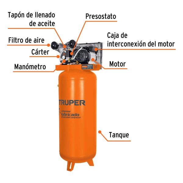 19366 - Compresor lubricado, de banda, 240L, 4HP, vert, 220V, TRUPER