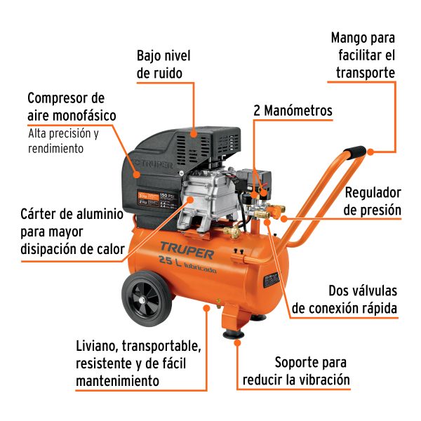 15006 - Compresor lubricado, 25L, 3HP, horizontal, 127V, TRUPER
