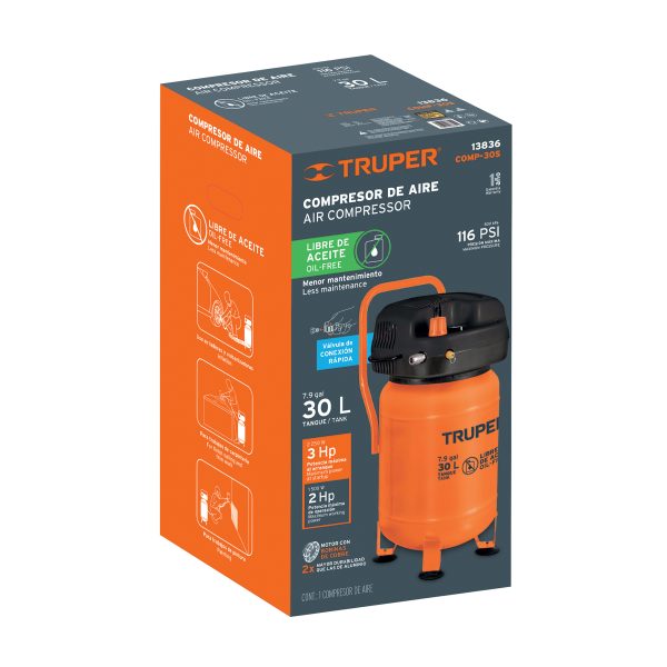 13836 - Compresor libre de aceite, 30L, 3HP, vertical, 127V, TRUPER
