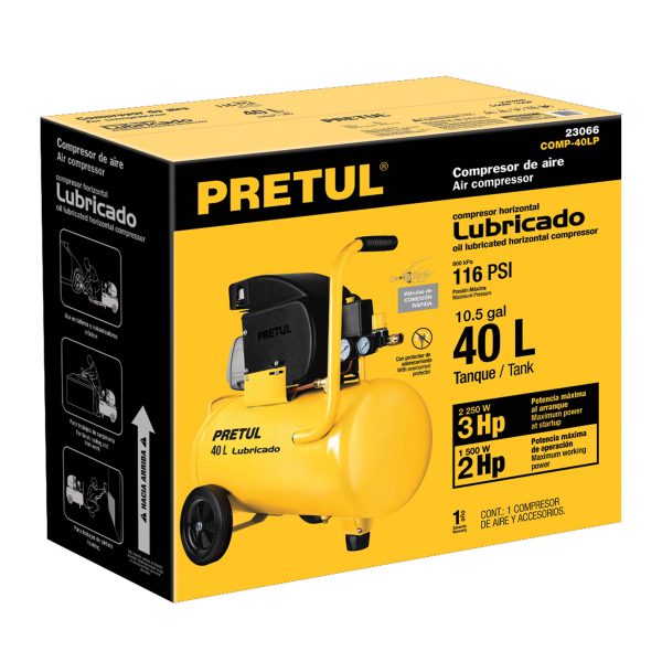 23066 - Compresor lubricado, 40L, 3HP, horizontal, 127V, PRETUL
