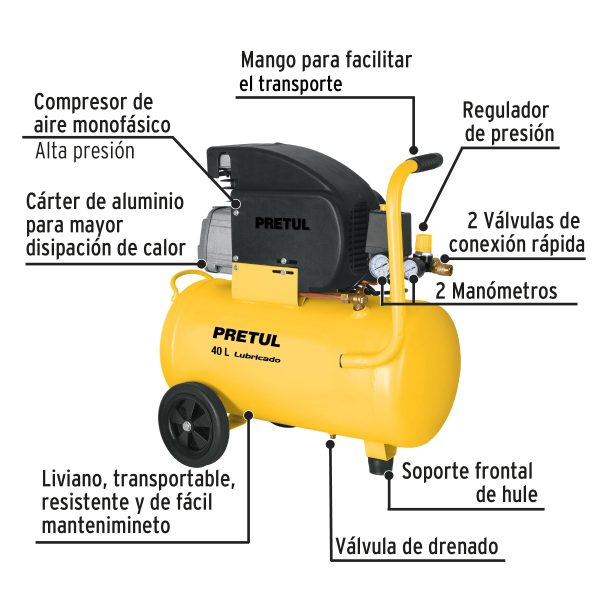 23066 - Compresor lubricado, 40L, 3HP, horizontal, 127V, PRETUL