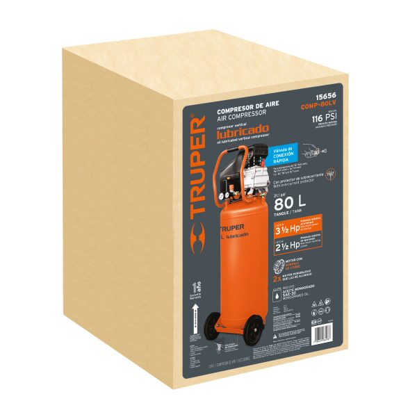 15656 - Compresor lubricado, 80L, 3-1/2HP, vertical, 127V, TRUPER