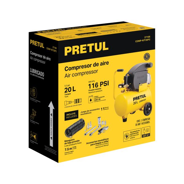 27106 - Kit Compresor lub, 20L, manguera y accesorios, 127V, TRUPER