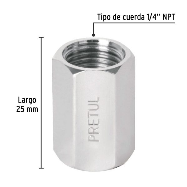 27027 - Cople de acero, hembra-hembra, cuerda 1/4' NPT, PRETUL