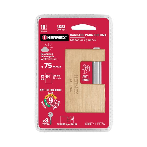 43353 - Candado antipalanca, 75mm, cuerpo de latón, llave tetra