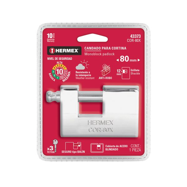 43373 - Candado antipalanca, 80mm, blindado, llave tetra, HERMEX