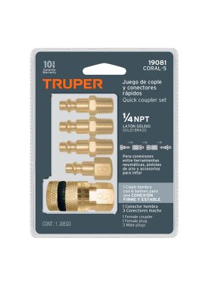 19081 - Juego de 4 conectores rápidos y 1 cople, de latón, TRUPER