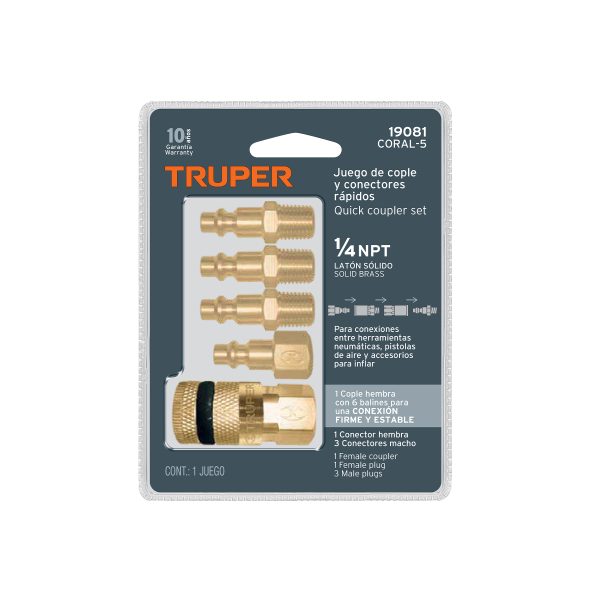 19081 - Juego de 4 conectores rápidos y 1 cople, de latón, TRUPER