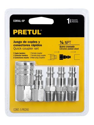 27021 - Juego de 4 conectores rápidos y 1 cople, de acero, PRETUL