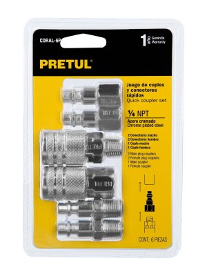 27030 - Juego de 4 conectores rápidos y 2 coples, de acero, PRETUL