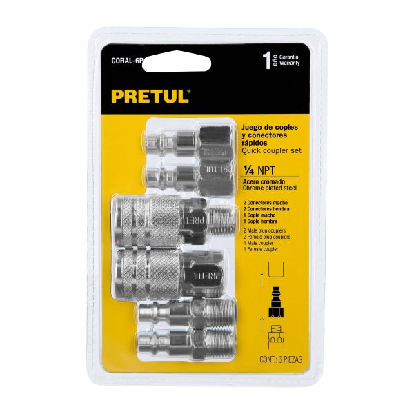 27030 - Juego de 4 conectores rápidos y 2 coples, de acero, PRETUL