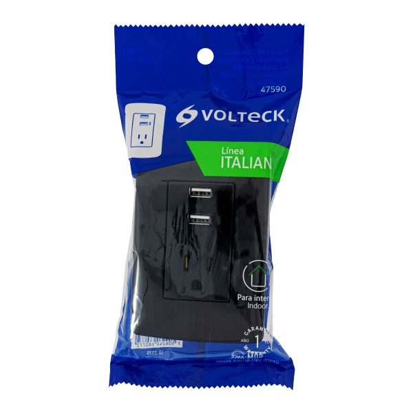 47590 - Contacto aterrizado + 2 puertos USB, negro, línea Italiana