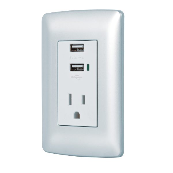 49808 - Contacto aterrizado + 2 puertos USB, plata, línea Italiana