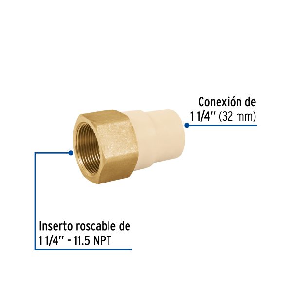 48960 - Adaptador hembra de CPVC 1-1/4' con inserto de latón, FOSET