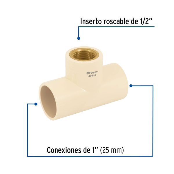48916 - Tee reducida hembra de CPVC 1' x 1' x 1/2' inserto latón