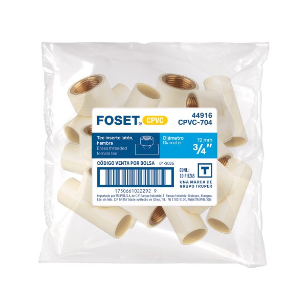 44916 - Tee CPVC, 3/4', rosca central hembra, inserto de latón, FOSE
