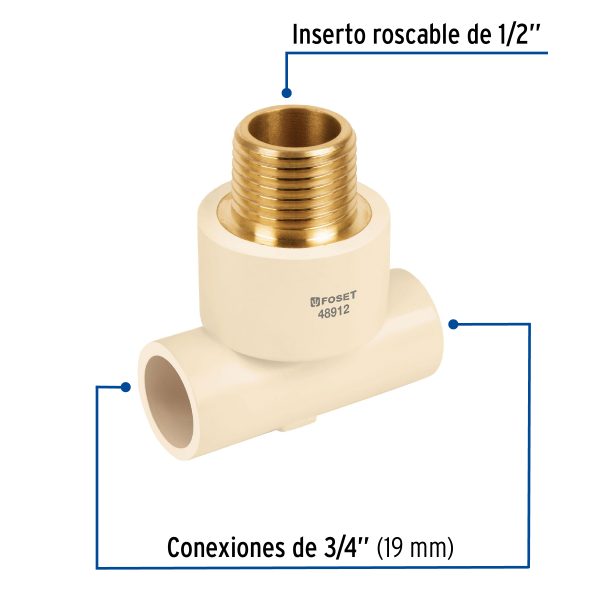 48912 - Tee reducida macho de CPVC 3/4' x 3/4' x 1/2' inserto latón