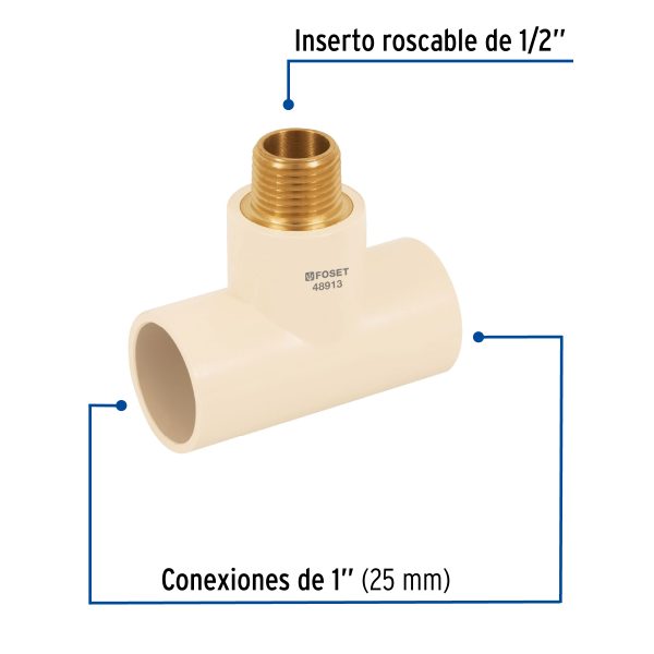 48913 - Tee reducida macho de CPVC 1' x 1' x 1/2' inserto latón