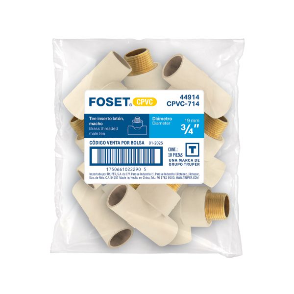 44914 - Tee CPVC, 3/4', rosca central macho, inserto de latón, FOSET