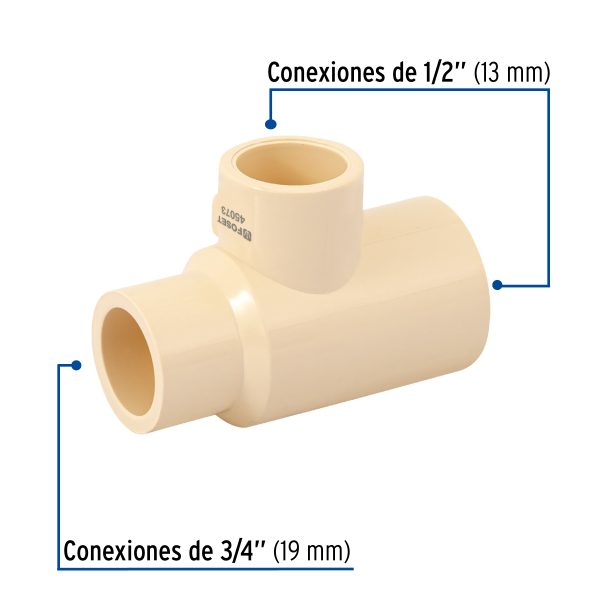 45073 - Tee reducida lateral de CPVC 3/4' x 1/2' x 1/2' , Foset