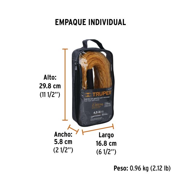 18346 - Cuerda con ganchos para remolque, 27 mm x 4.5 m, Truper