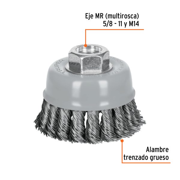 100854 - Carda copa 3' alambre trenzado grueso, Multi-rosca, Truper