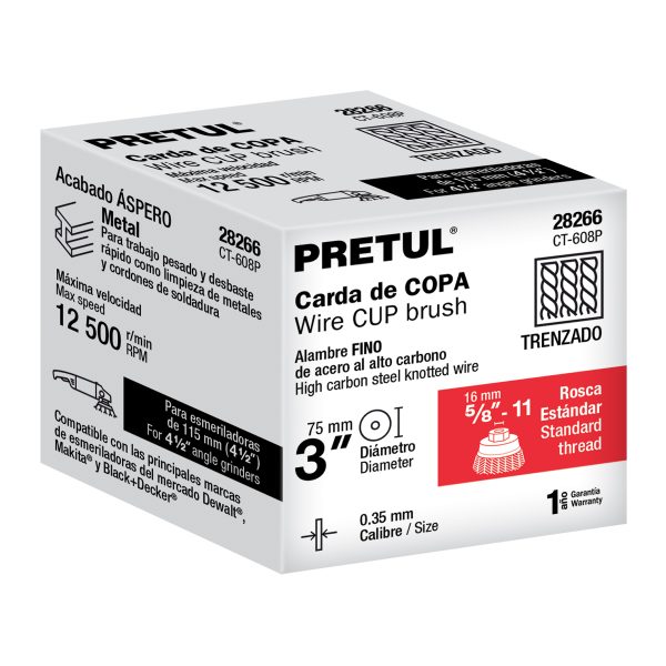 28266 - Carda copa 3' alambre trenzado fino, eje 5/8'-11, Pretul