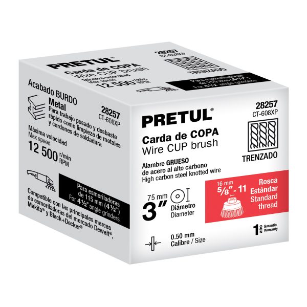 28257 - Carda copa 3' alambre trenzado grueso, eje 5/8'-11, Pretul