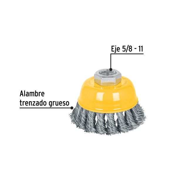 28257 - Carda copa 3' alambre trenzado grueso, eje 5/8'-11, Pretul