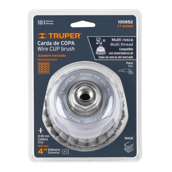 100852 - Carda copa 4' alambre trenzado fino, Multi-rosca, Truper