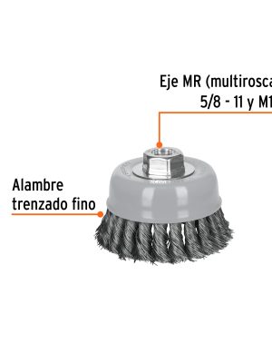 100852 - Carda copa 4' alambre trenzado fino, Multi-rosca, Truper
