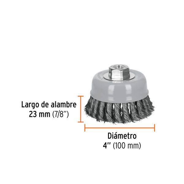 100852 - Carda copa 4' alambre trenzado fino, Multi-rosca, Truper