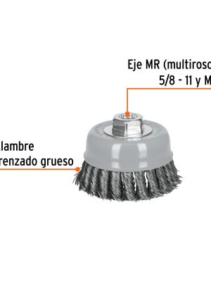 100855 - Carda copa 4' alambre trenzado grueso, Multi-rosca, Truper