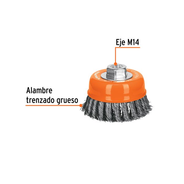 17532 - Carda copa 4' alambre trenzado grueso, eje M14, Truper