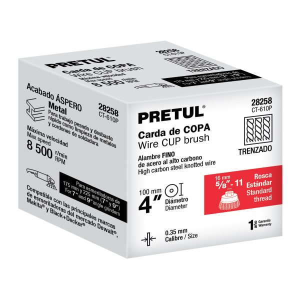 28258 - Carda copa 4' alambre trenzado fino, eje 5/8'-11, Pretul