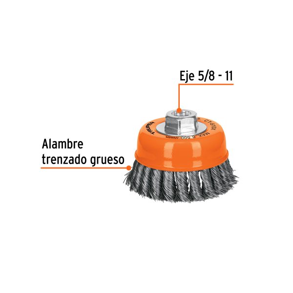 17531 - Carda copa 4' alambre trenzado grueso, eje 5/8'-11, Truper
