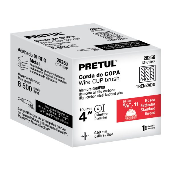 28259 - Carda copa 4' alambre trenzado grueso, eje 5/8'-11, Pretul