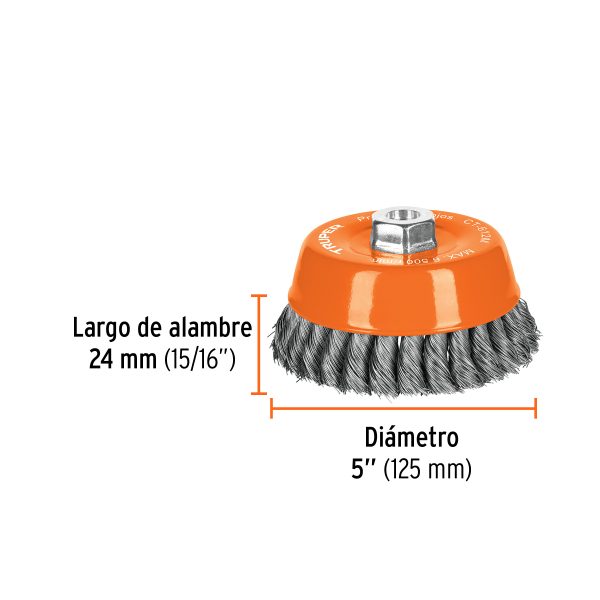 11544 - Carda copa 5' alambre trenzado fino, eje M14, Truper