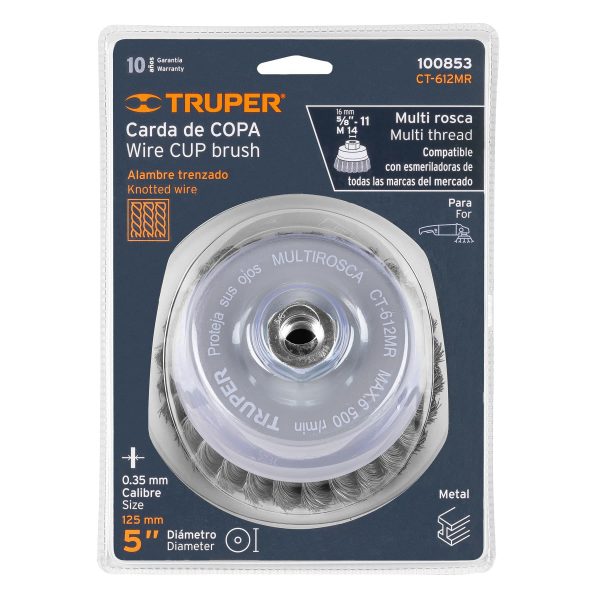 100853 - Carda copa 5' alambre trenzado fino, Multi-rosca, Truper