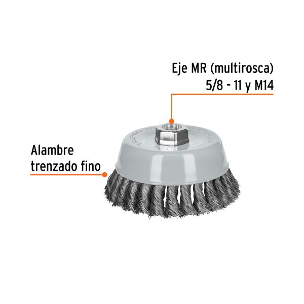 100853 - Carda copa 5' alambre trenzado fino, Multi-rosca, Truper