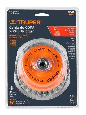 11542 - Carda copa 5' alambre trenzado grueso, eje 5/8'-11, Truper