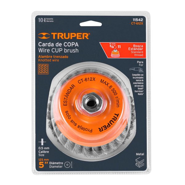 11542 - Carda copa 5' alambre trenzado grueso, eje 5/8'-11, Truper