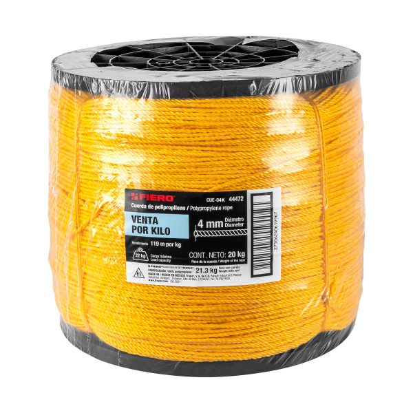 44472 - Kilo de cuerda amarilla de polipropileno 4mm, carrete 20 kg