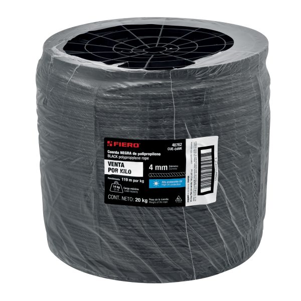 40762 - Kilo de cuerda negra de polipropileno 4 mm, carrete 20kg