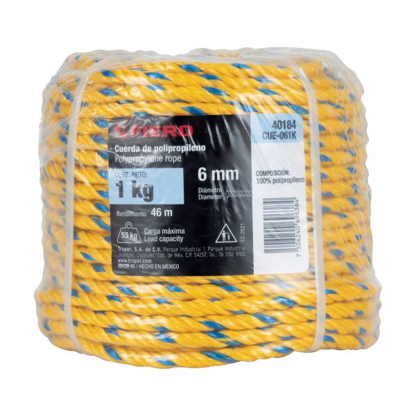 40184 - Kilo de cuerda amarilla de polipropileno 6 mm, rollo 1kg