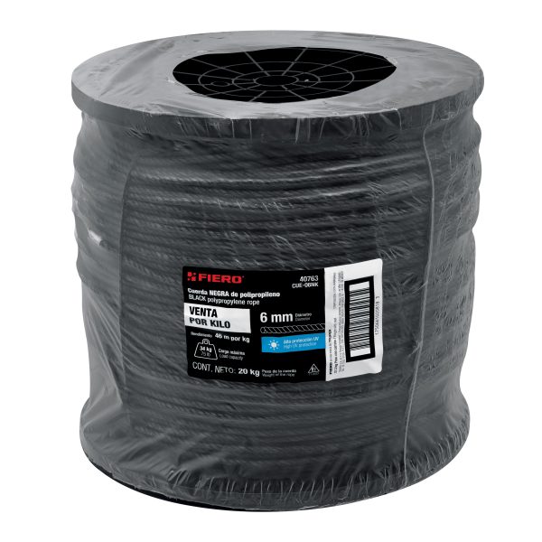 40763 - Kilo de cuerda negra de polipropileno 6 mm, carrete 20kg