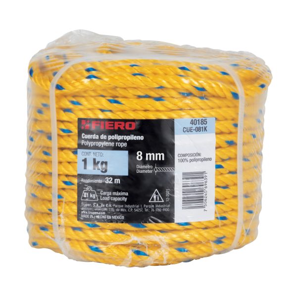 40185 - Kilo de cuerda amarilla de polipropileno 8 mm, rollo 1kg