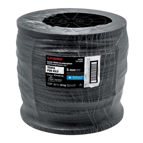 40764 - Kilo de cuerda negra de polipropileno 8 mm, carrete 20kg