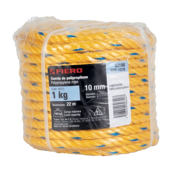 40186 - Kilo de cuerda amarilla de polipropileno 10 mm, rollo 1kg