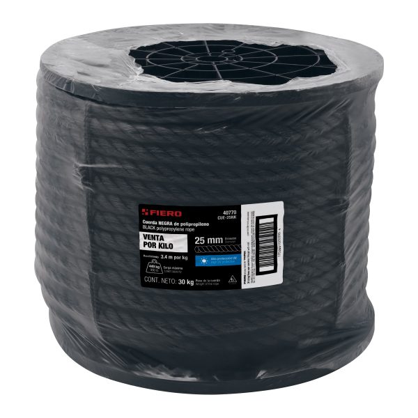 40770 - Kilo de cuerda negra de polipropileno 25 mm, carrete 30kg